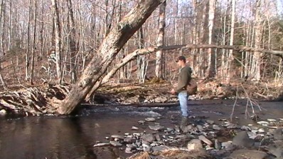 Here, the Author fishes a promising hole in Edick Creek on NY State Land in Montague, NY. This photo was taken on a day trip with his father. 